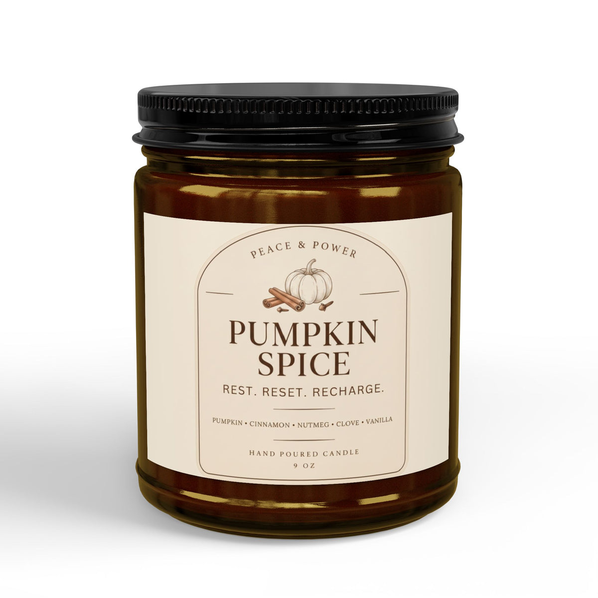 Pumpkin Spice Soy Candle — 9oz Amber Jar with Black Lid