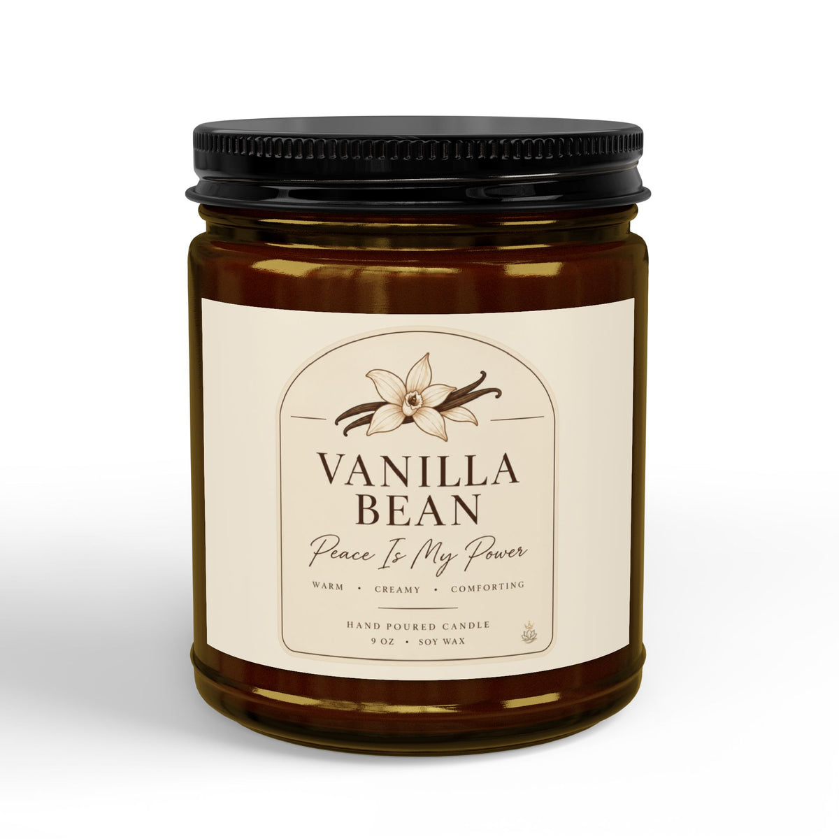 Vanilla Bean Soy Candle Jar — Scented 9oz with Black Lid