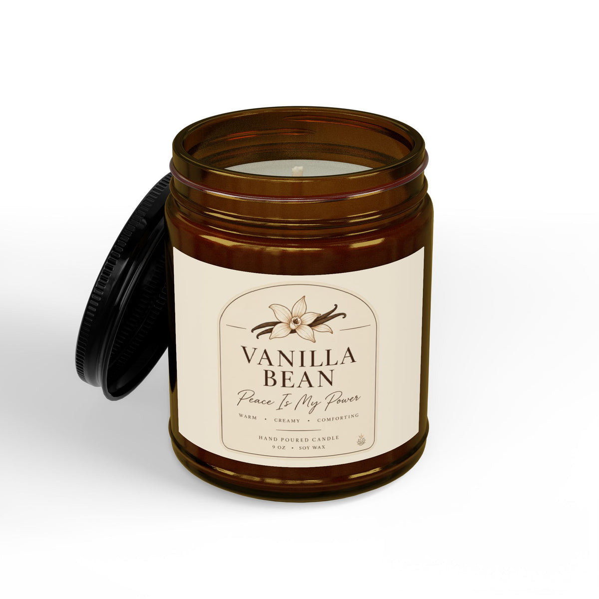 Vanilla Bean Soy Candle Jar — Scented 9oz with Black Lid