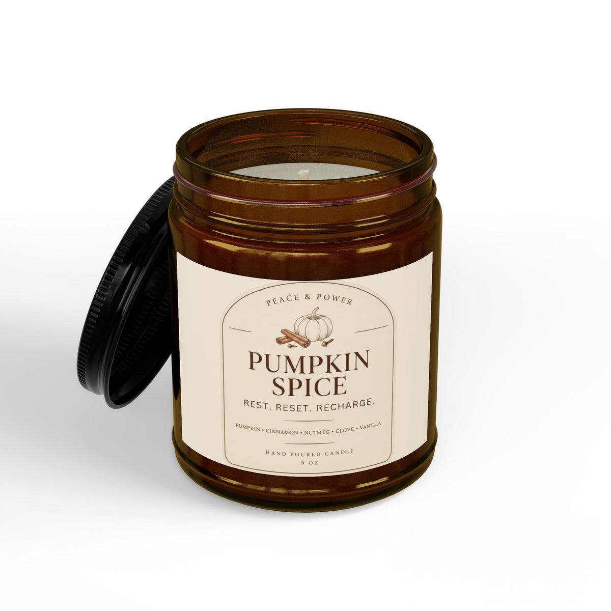 Pumpkin Spice Soy Candle — 9oz Amber Jar with Black Lid